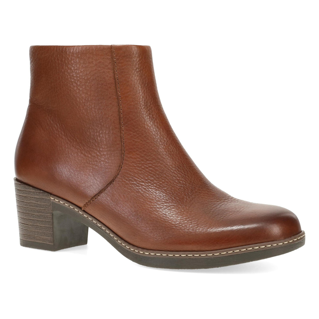 A brown leather ankle boot with a chunky block heel, shown from a side profile view on a white background.