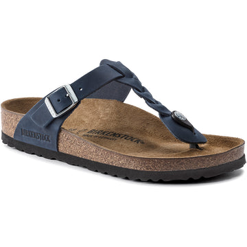 Women's Birkenstock Gizeh Braid Regular in Navy Oiled Leather. Sku: 1020992