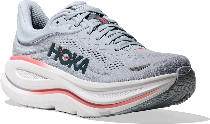 Quarter turn view Women's HOKA Footwear style name Bondi 9 XWide in color Mineral Blue/ Washed Blue. Sku: 1162016-MBLW