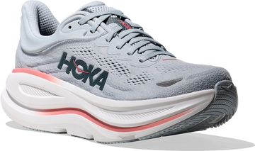 Quarter turn view Women's HOKA Footwear style name Bondi 9 XWide in color Mineral Blue/ Washed Blue. Sku: 1162016-MBLW