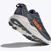 Quarter turn view Men's HOKA Footwear style name Gaviota 6 XWide in color Midnight Blue/ Faded Navy. Sku: 1171936-MLFD