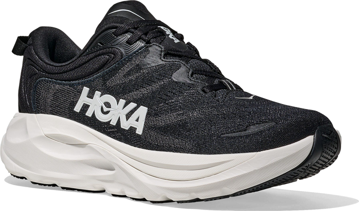 Quarter turn view Women's HOKA Footwear style name Gaviota 6 XWide in color Black/ White. Sku: 1171937-BWHT