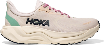 Quarter turn view Women's HOKA Footwear style name Arahi 8 XWide in color Rose Cream/ Alabaster. Sku: 1175531-RCRM