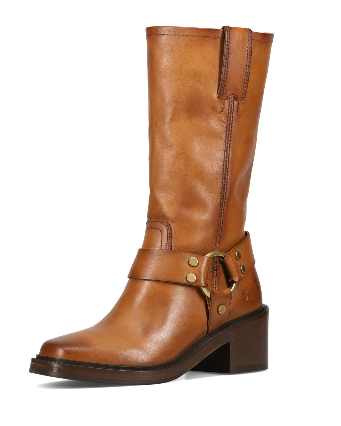 A mid-calf brown leather boot with a block heel, a decorative strap across the instep with brass-tone studs and buckle, and a vertical zipper at the back, shown on a plain white background.