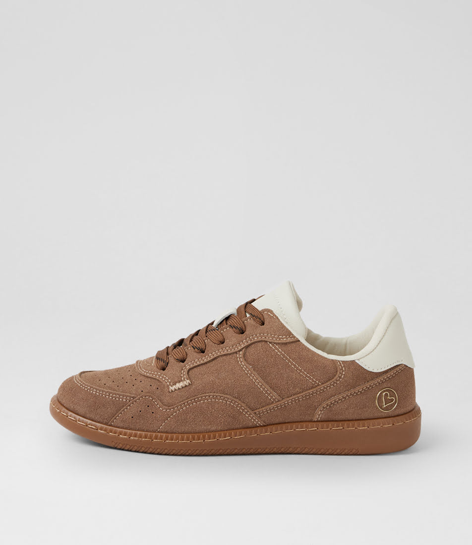 A single brown suede sneaker with a cream collar and a gum sole, shown in profile against a light gray background.