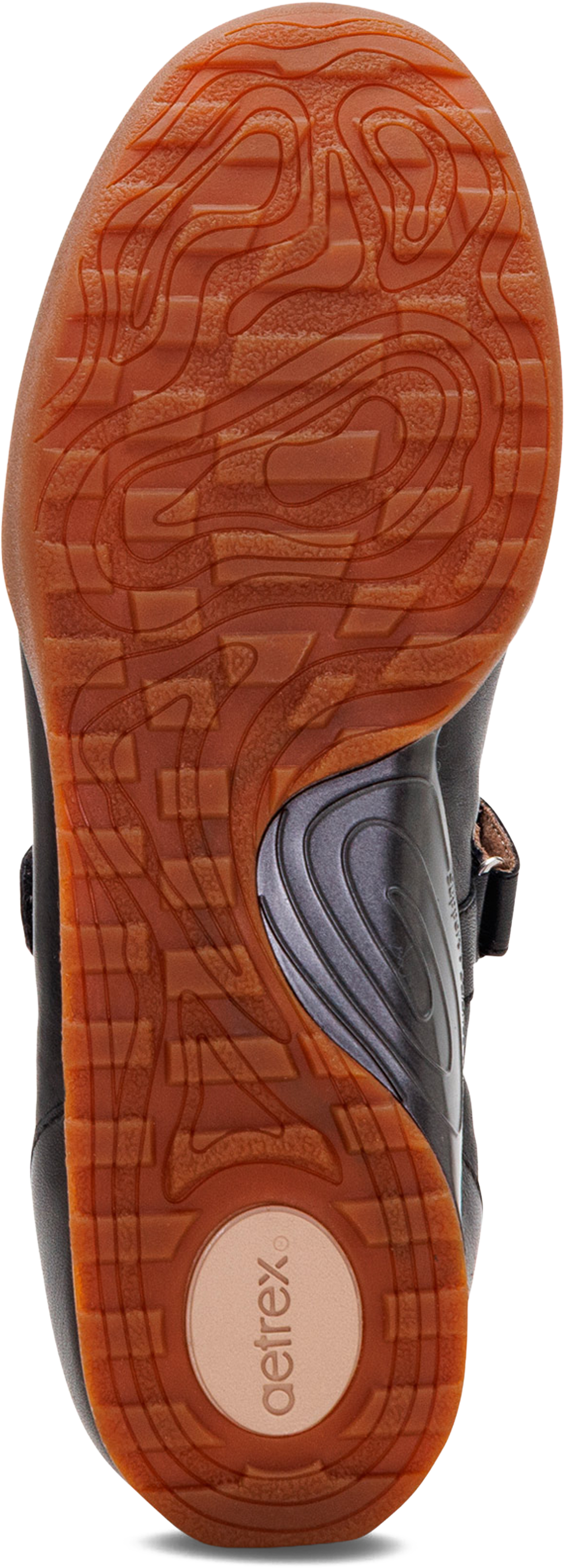 Close-up of the sole of a shoe, showing a textured brown rubber tread with a circular &