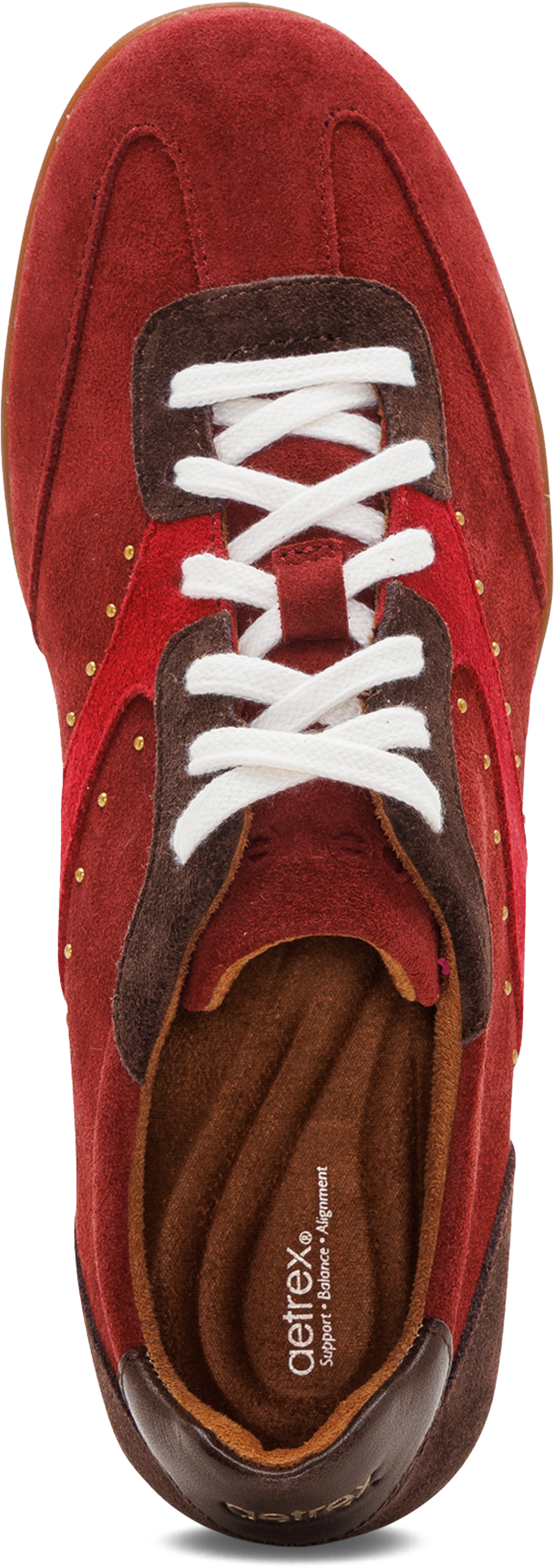 A close-up top-down view of a red and brown sneaker with white laces, showing the textured red suede upper, brown leather overlays, and a brown GelTex cushioned insole.