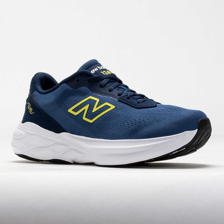 Blue running shoe with yellow logo on a white background